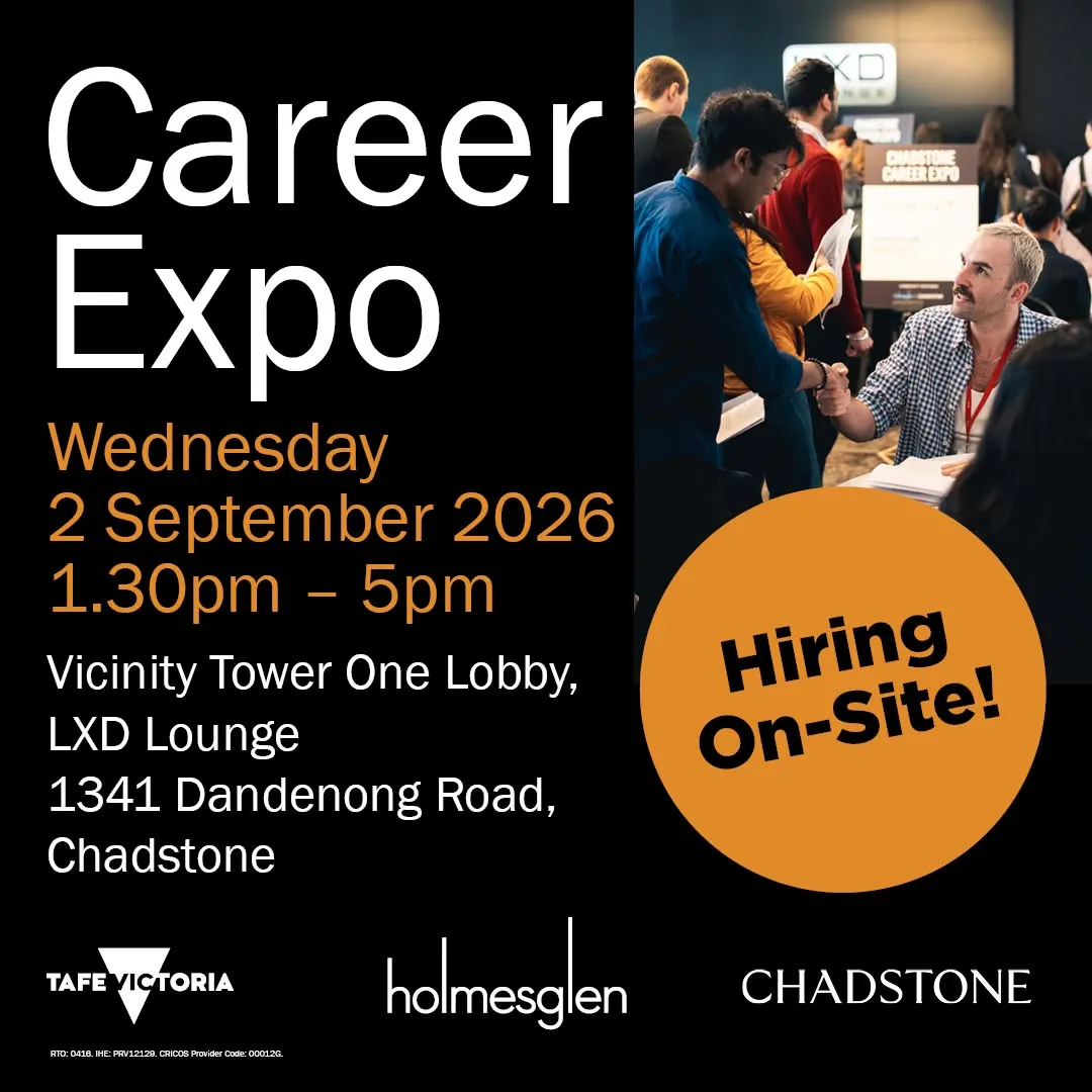 Two weeks until the 2026 Chadstone Career Expo.

- Meet with employers
- Access on-the-spot job opportunities
- Network

See you at @chadstone.au 
📅 Wednesday 2 September, 1.30pm – 5pm

Limited spots available. Click the link in the bio to register. 🖱️