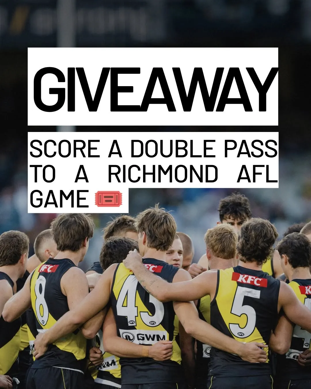 Psst...hey, Tigers fans 🐯

Want to score one of 10 double passes to the Richmond game on Sunday 21 June? 🎟️

We're giving you and your game-day bestie the chance to cheer on the Tigers live!

To enter:
🏈 Like this post
🏈 Share it to your story
🏈 Follow @swinburne and @richmond_fc
🏈 Tag the friend you'd bring along #gotiges

Entries close 10am AEST, 16 June. Winners must have a valid Swinburne Student ID.

T&Cs 
Open to current Swinburne students only. Closes 10am AEST 16 June 2026. 10 winners will receive 1x double pass to Richmond FC match on 21 June 2026. Winners drawn at random and contacted via DM. Must respond within 24 hours or redraw applies. Prize not transferable or redeemable for cash.
