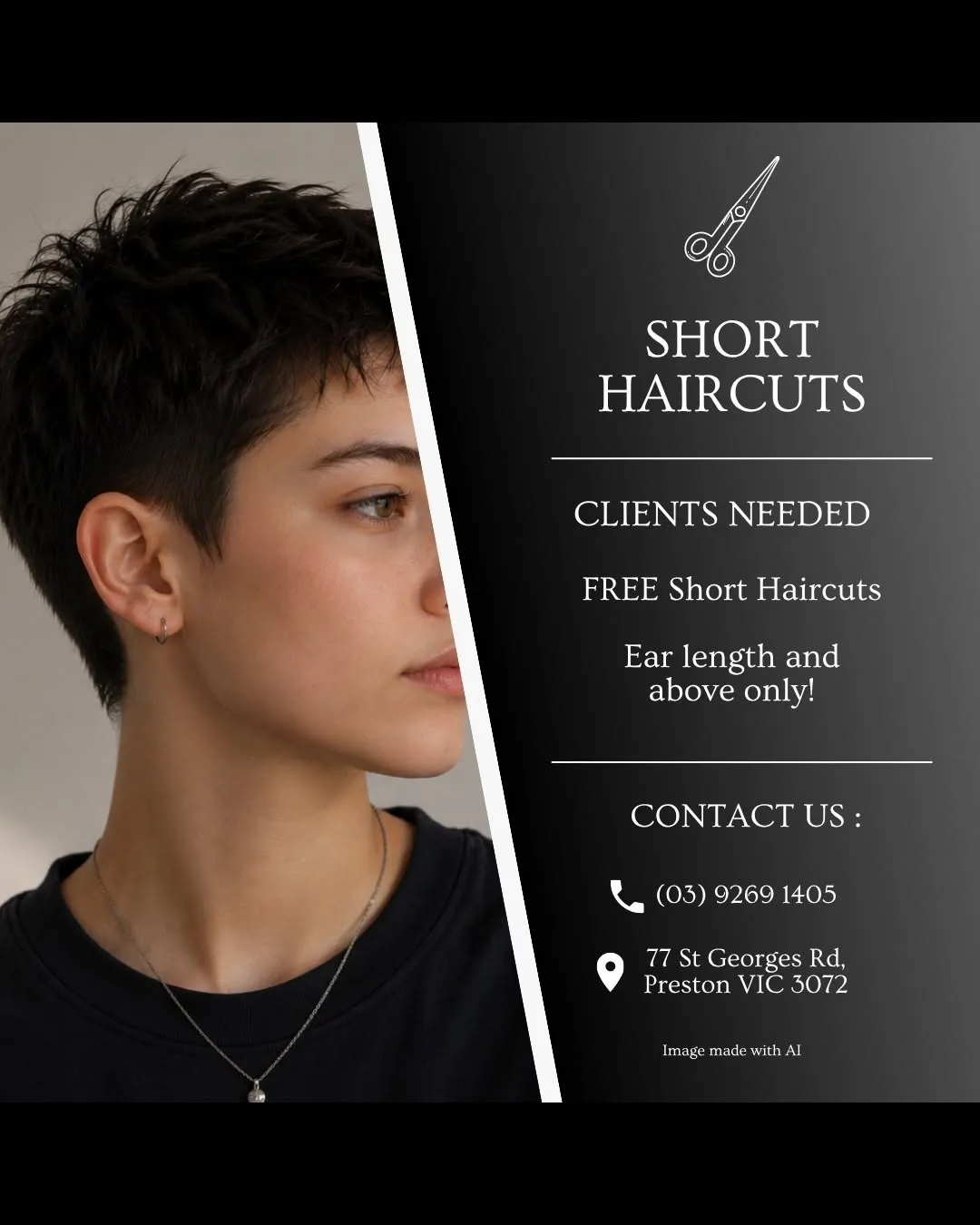 Need a fresh look?  Help Melbourne Polytechnic's hairdressing and barbering students complete their final assessments and get a free hair cut! 

SHORT hair only (styles that are ear length or shorter).

Walk-in clients accepted on the following dates:

✂️ Tuesday, 23 June
✂️ Wednesday, 24 June
✂️ Thursday, 25 June
✂️ Friday, 26 June

Session Times: 9:30 am – 1:30 pm each day

Melbourne Polytechnic Preston
Building G, Level 2
Rooms 204 and 208

All welcome - staff, students, members of the public! 

#MelbPoly #NeverStopLearning #Hairdressing #Barbering #StudentLife